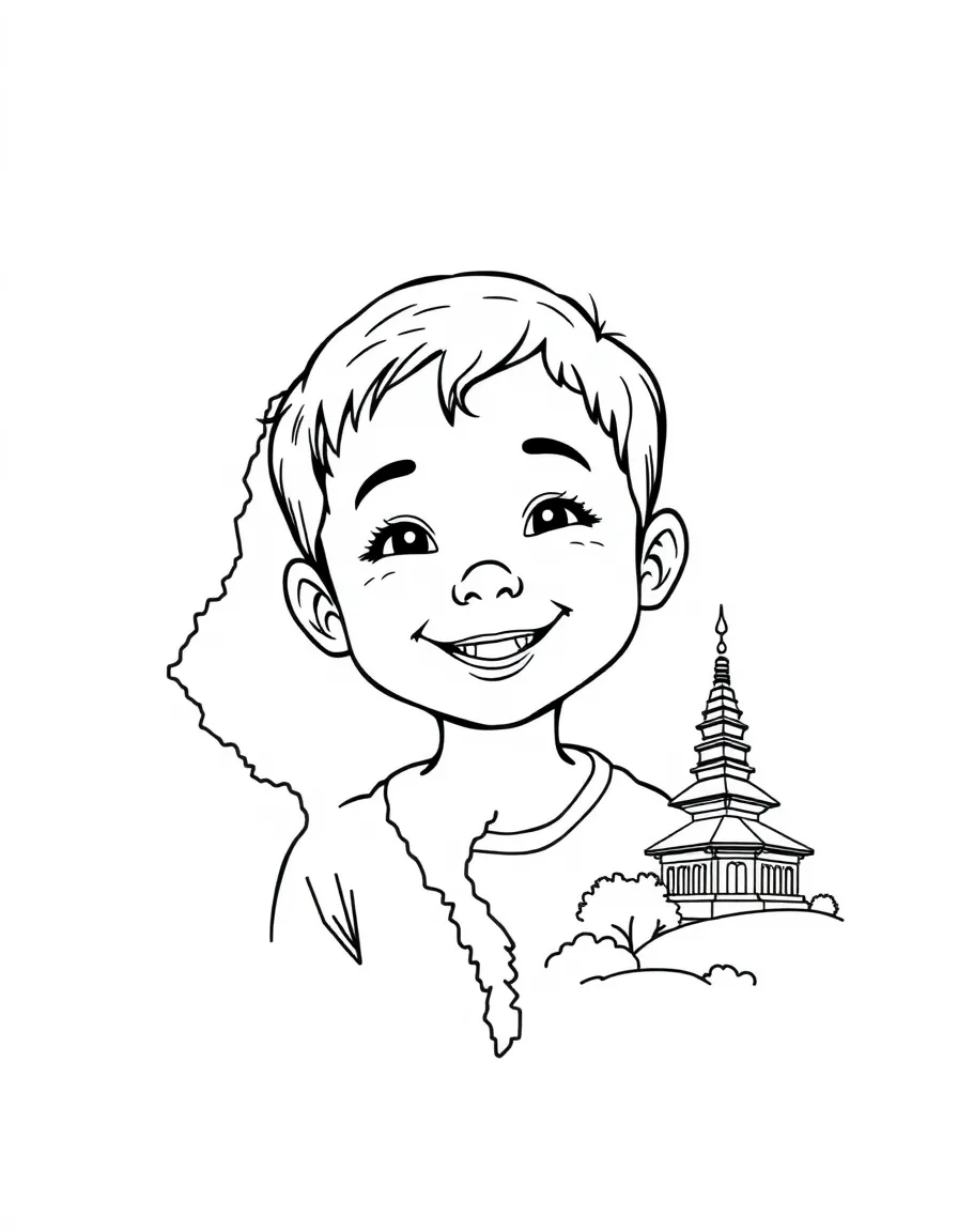 A smiling child with a map of Myanmar and a pagoda.