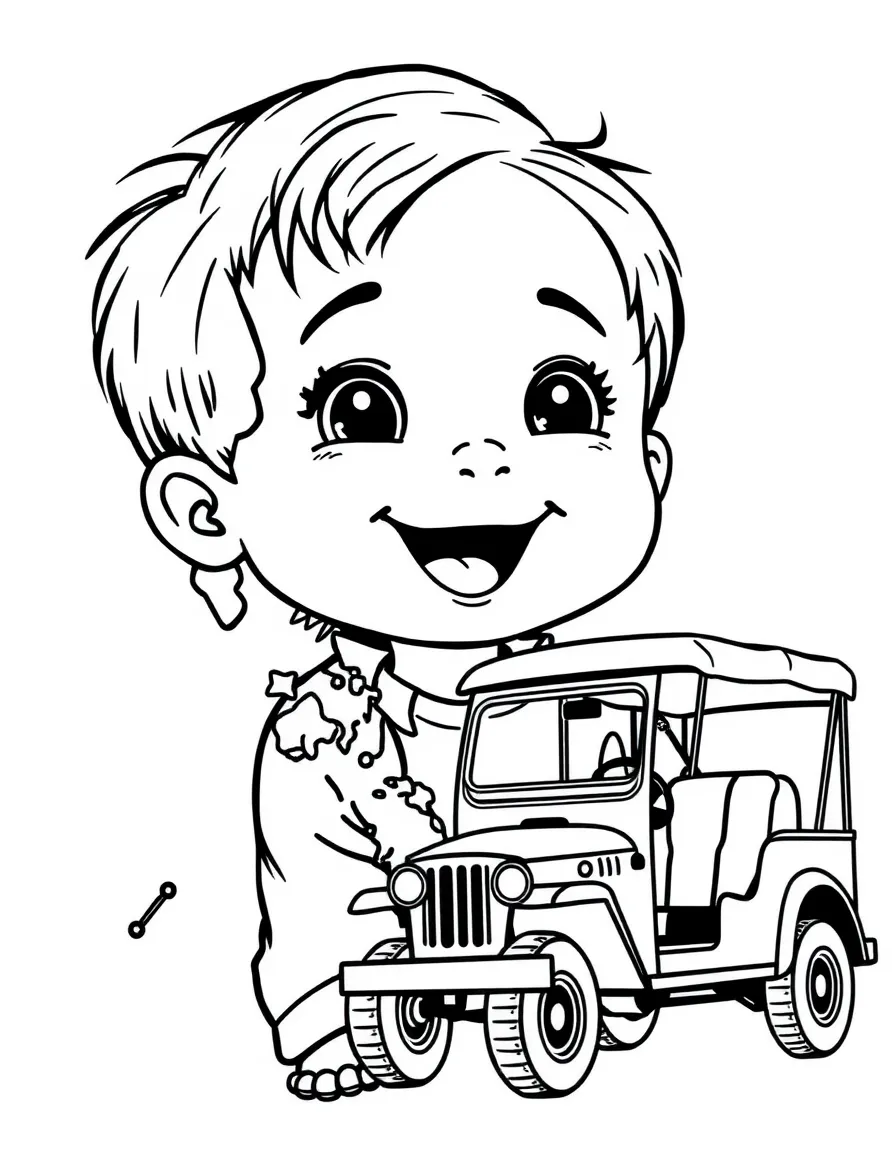 A happy child with a map of Philippines and a jeepney.