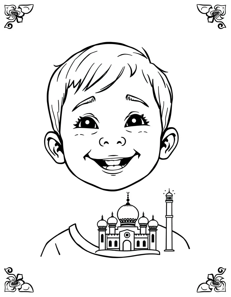 A smiling child with a map of Brunei and a mosque.