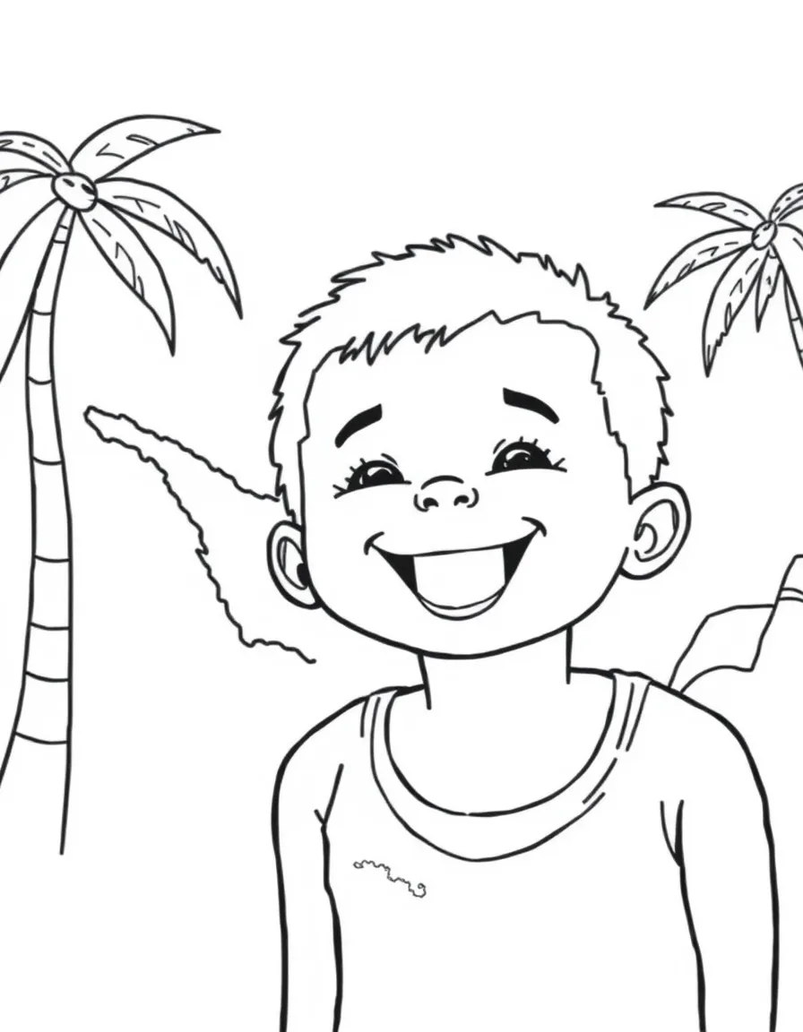 A happy child with a map of East Timor and a beach.