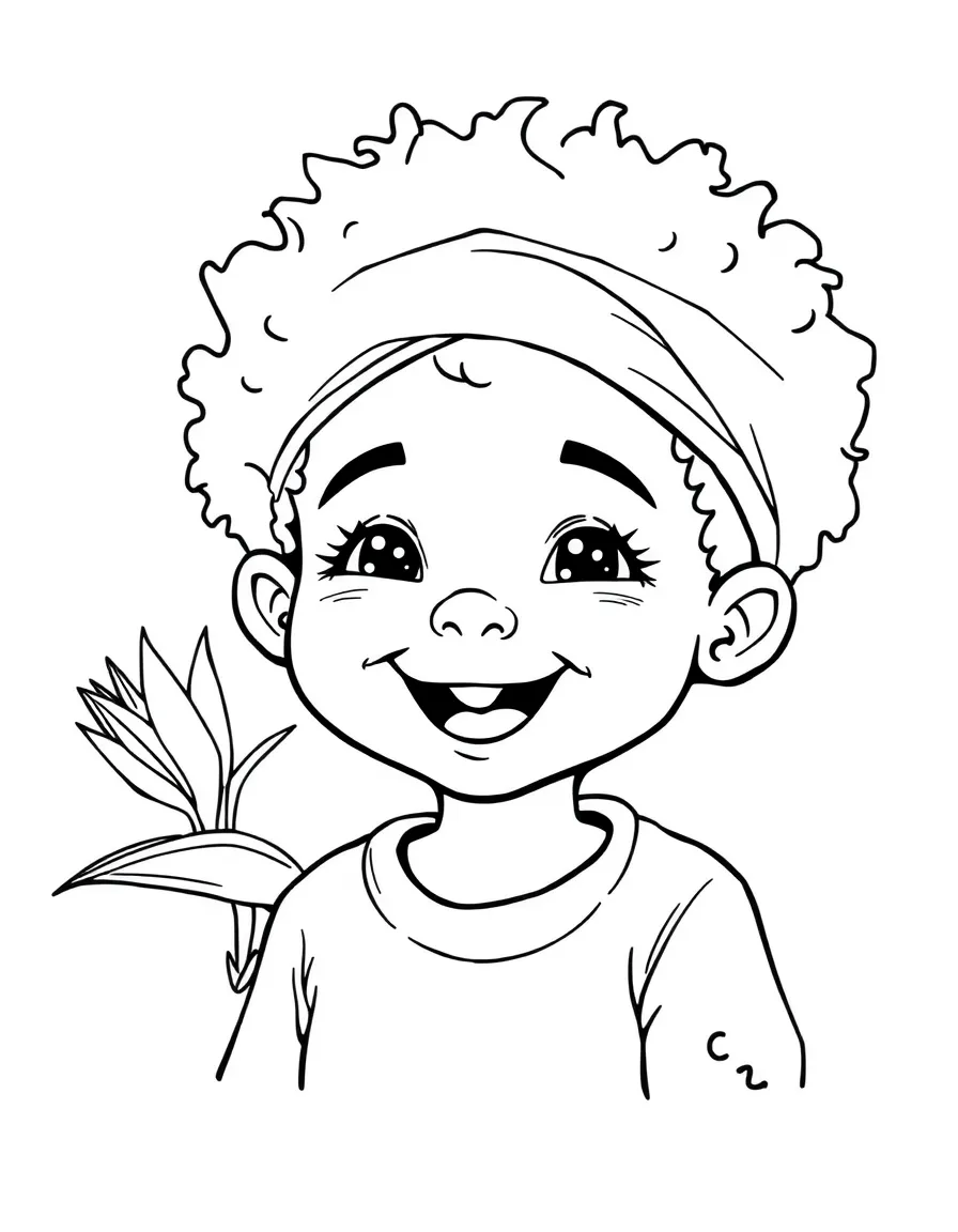 A cheerful child with a map of Papua New Guinea and a bird of paradise.