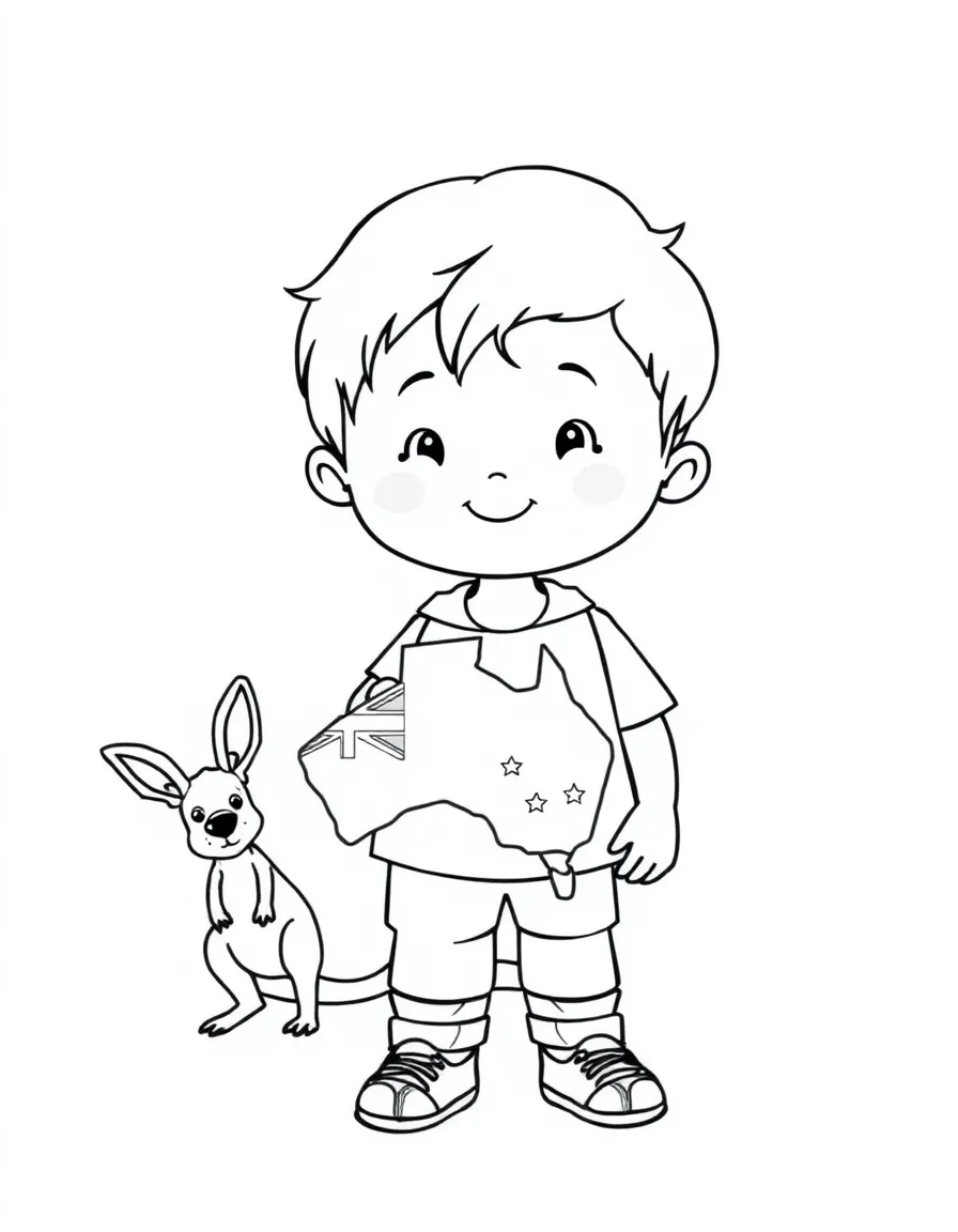 A child with a map of Australia and a kangaroo.