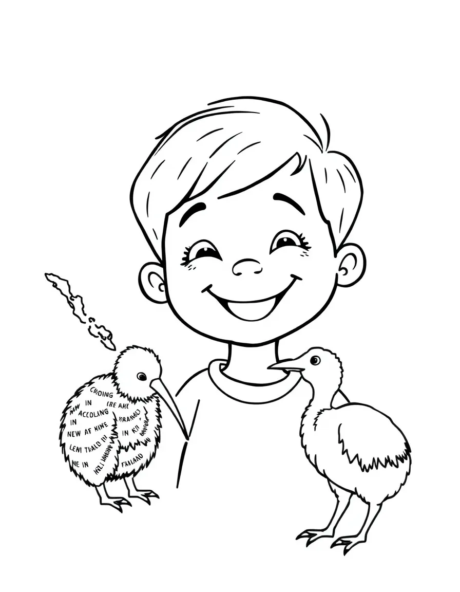 A smiling child with a map of New Zealand and a kiwi bird.