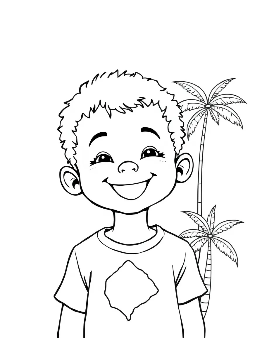 A happy child with a map of Fiji and a palm tree.