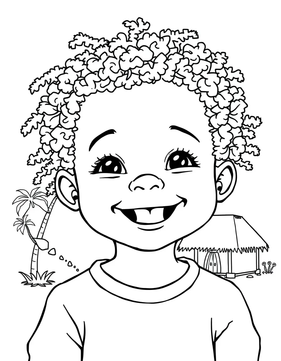 A cheerful child with a map of Solomon Islands and a traditional hut.