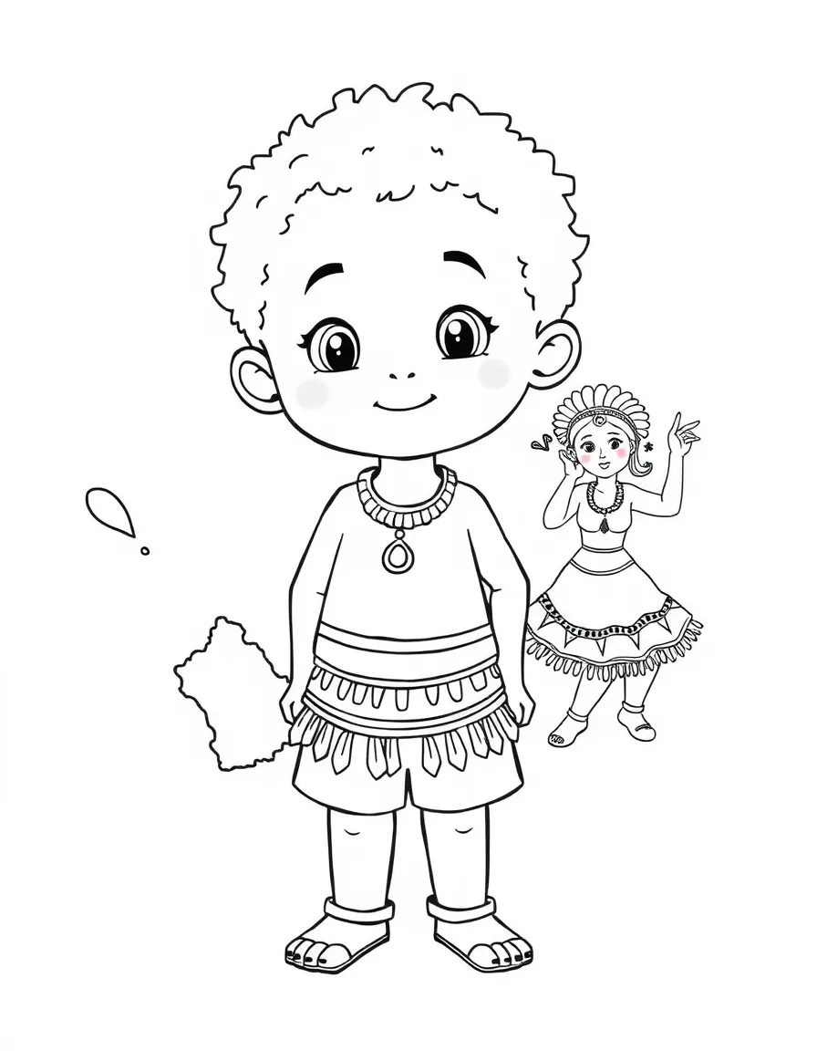 A child with a map of Vanuatu and a traditional dance.