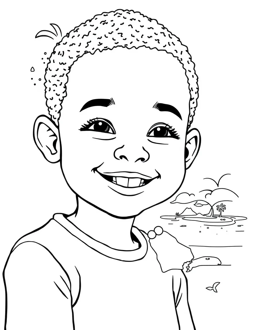 A smiling child with a map of Tuvalu and a beach.