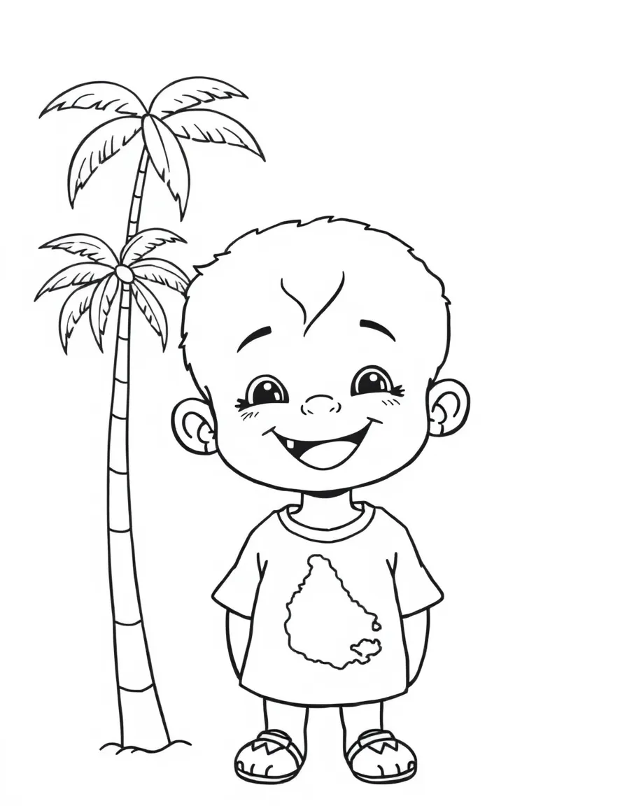 A cheerful child with a map of Marshall Islands and a coconut tree.