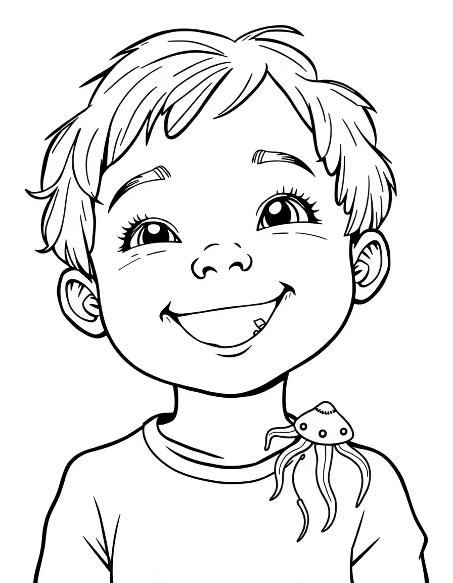 A smiling child with a map of Palau and a jellyfish.