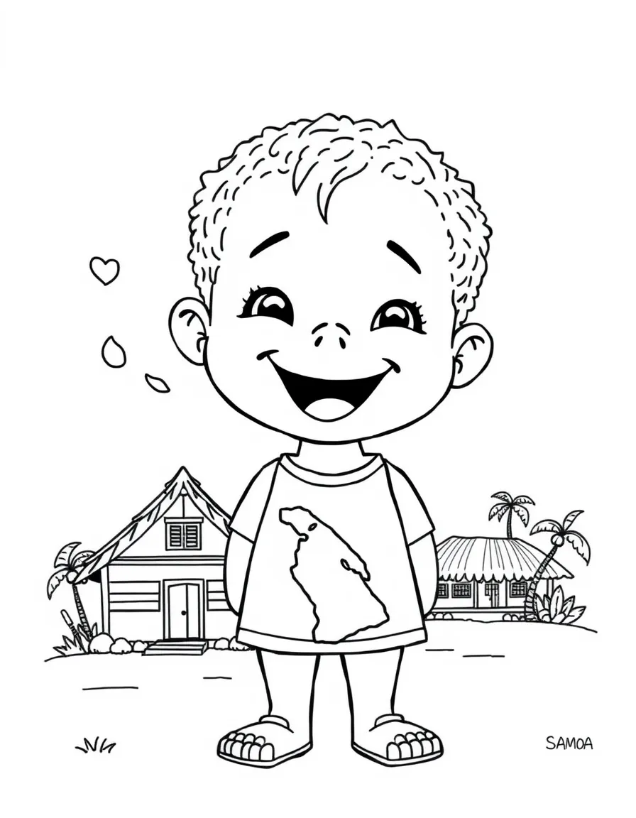 A cheerful child with a map of Samoa and a traditional house.