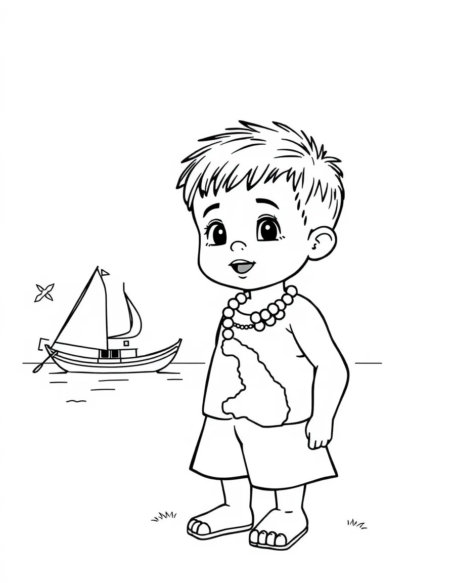 A child with a map of Tonga and a traditional boat.