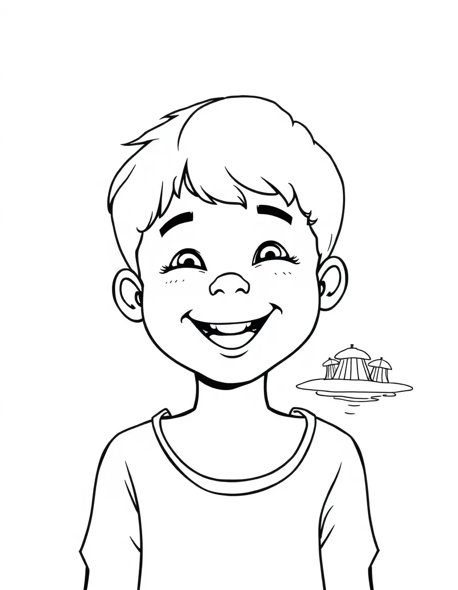 A smiling child with a map of Cook Islands and a beach.