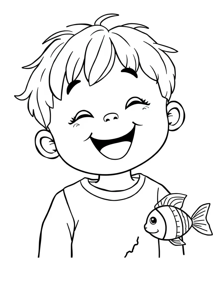 A cheerful child with a map of Tuvalu and a fish.