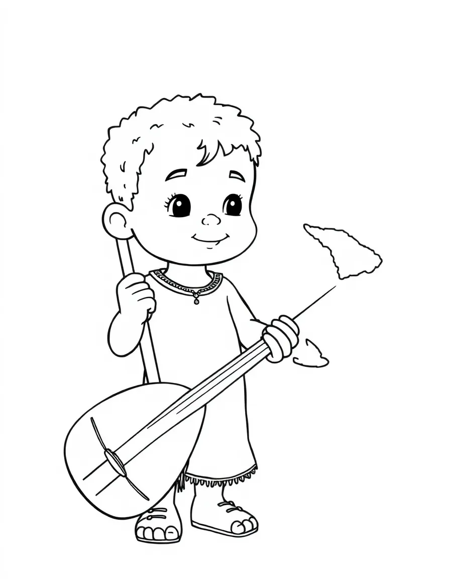 A child with a map of Vanuatu and a traditional instrument.