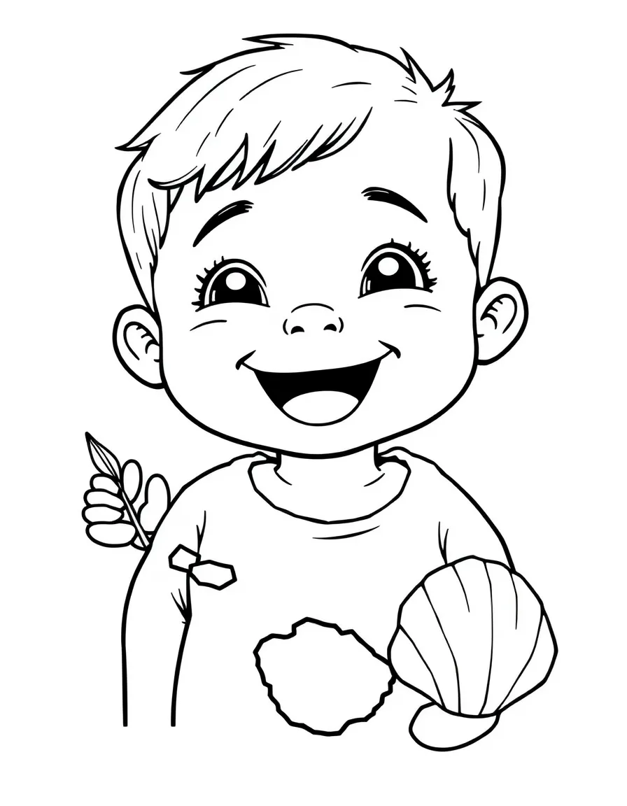A happy child with a map of Tonga and a shell.