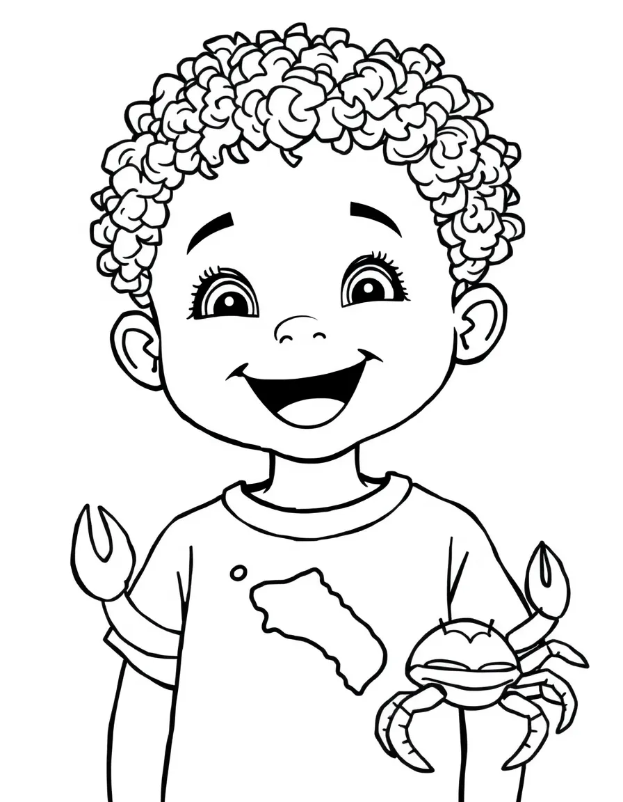 A cheerful child with a map of Fiji and a crab.