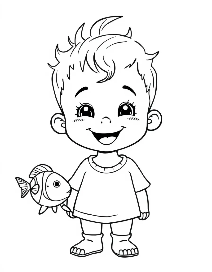 A happy child with a map of Micronesia and a fish.