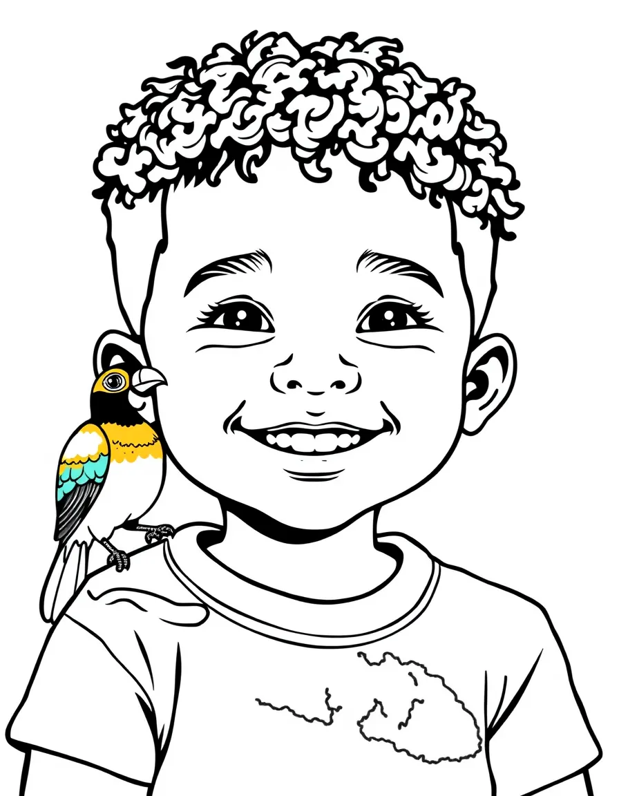 A smiling child with a map of Papua New Guinea and a colorful bird.