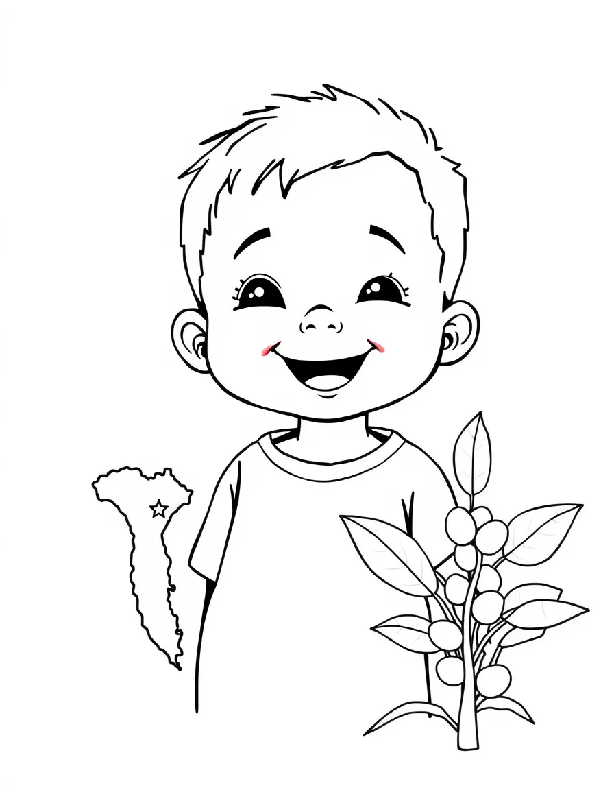 A happy child with a map of East Timor and a coffee plant.