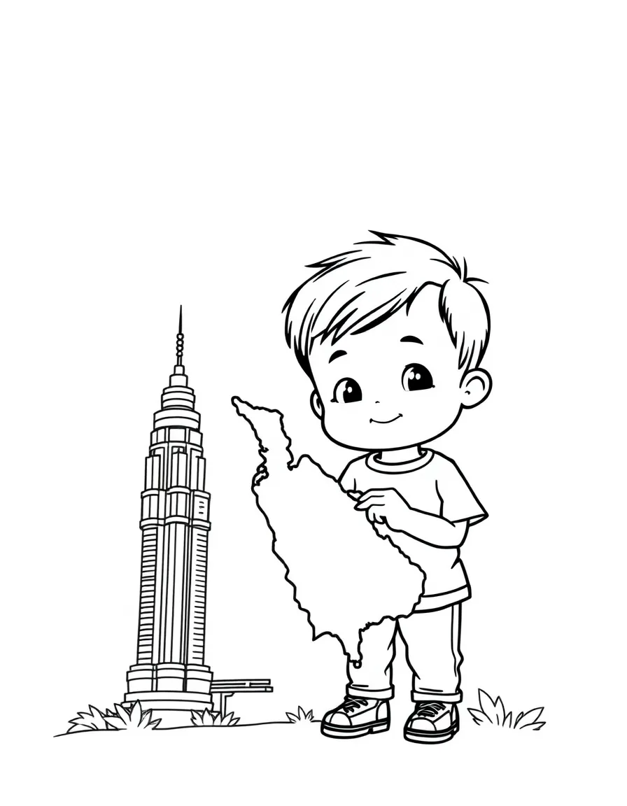 A child with a map of Malaysia and a Petronas Twin Towers.