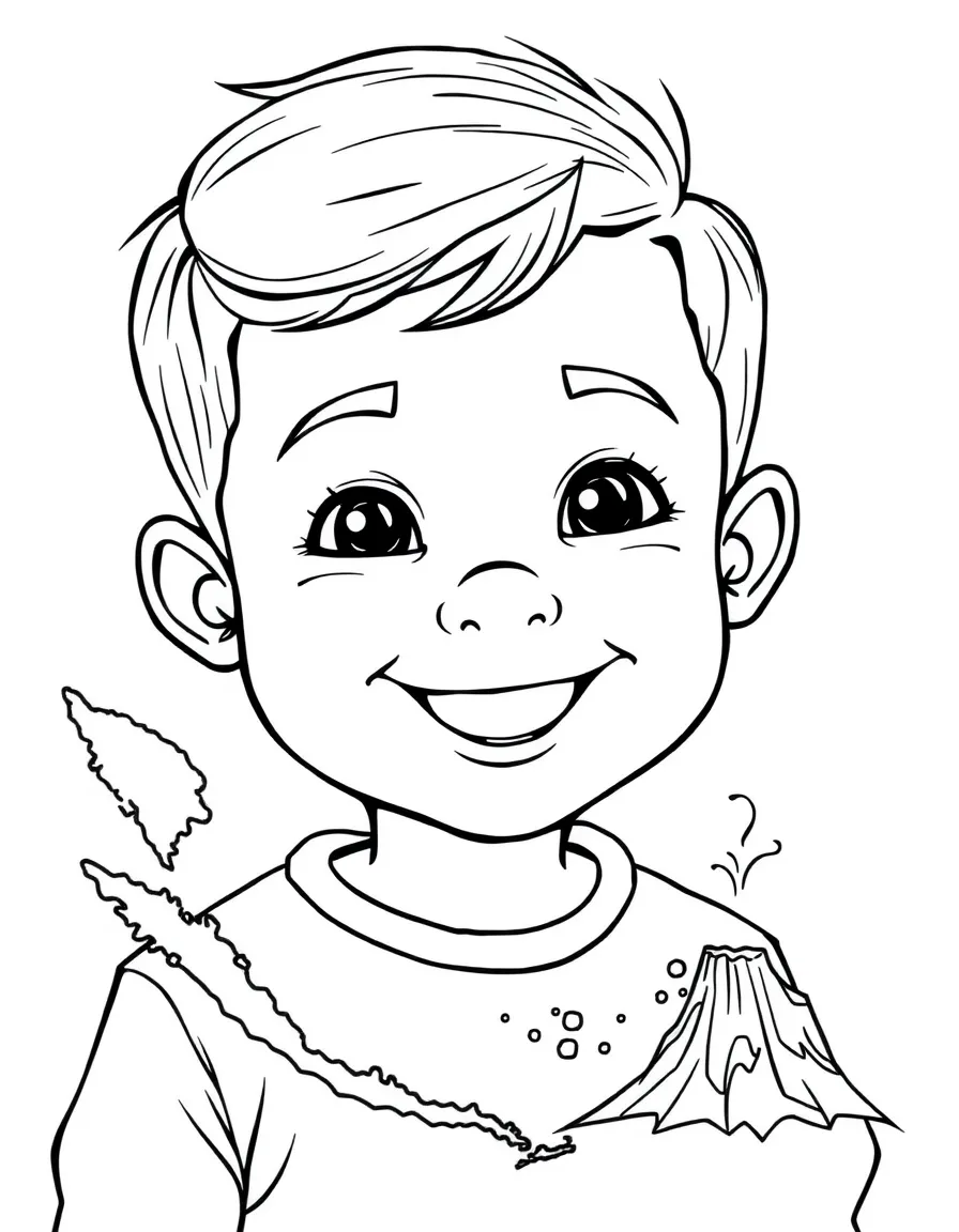 A smiling child with a map of Indonesia and a volcano.