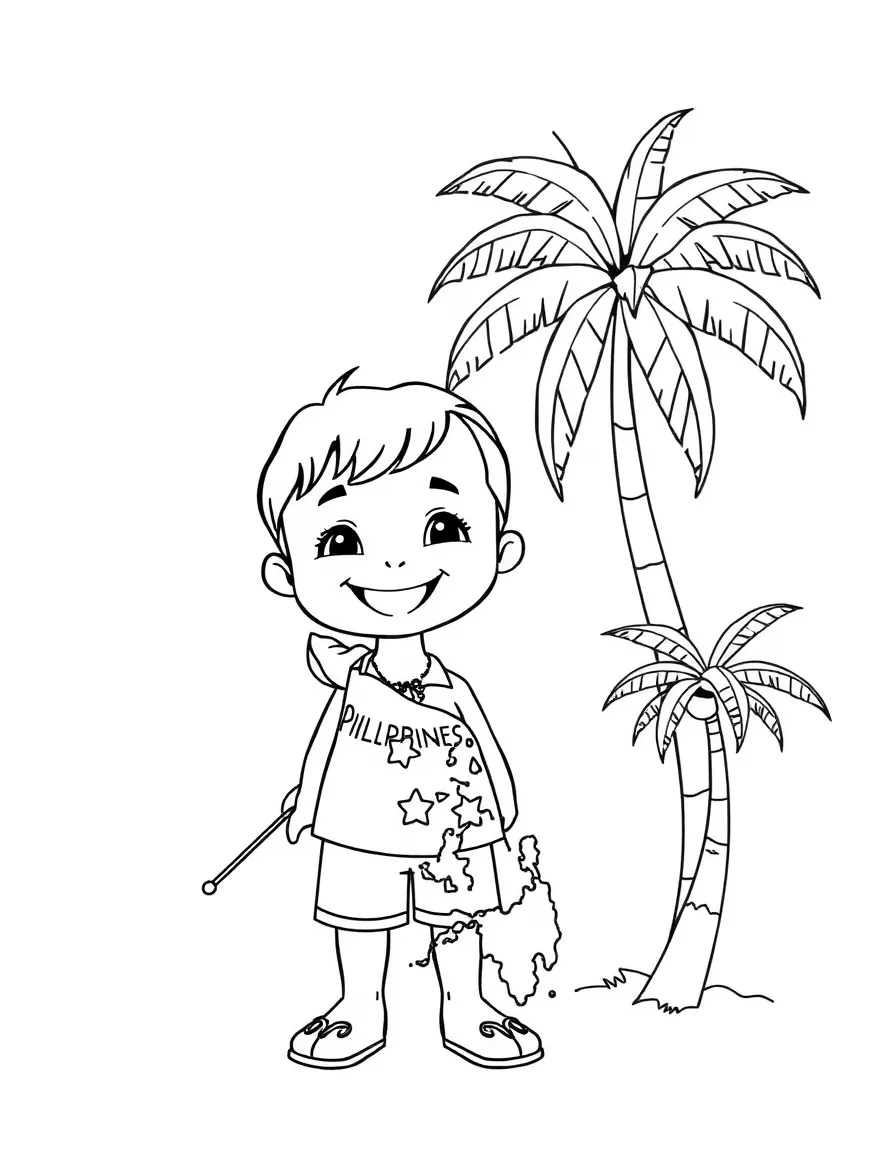 A happy child with a map of Philippines and a coconut tree.