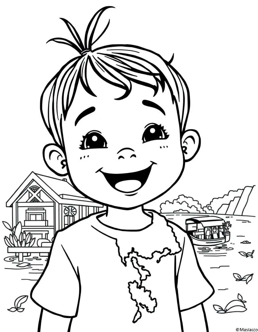 A cheerful child with a map of Thailand and a floating market.