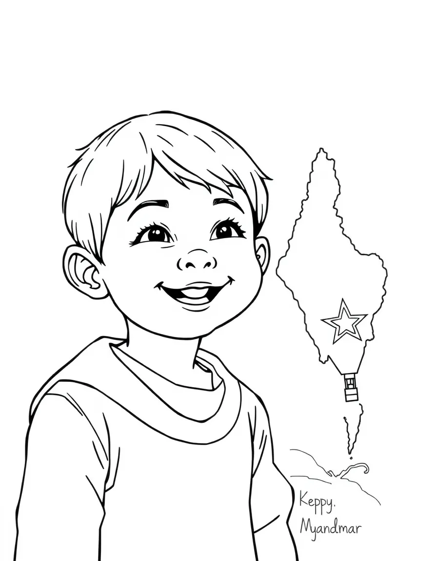 A smiling child with a map of Myanmar and a hot air balloon.