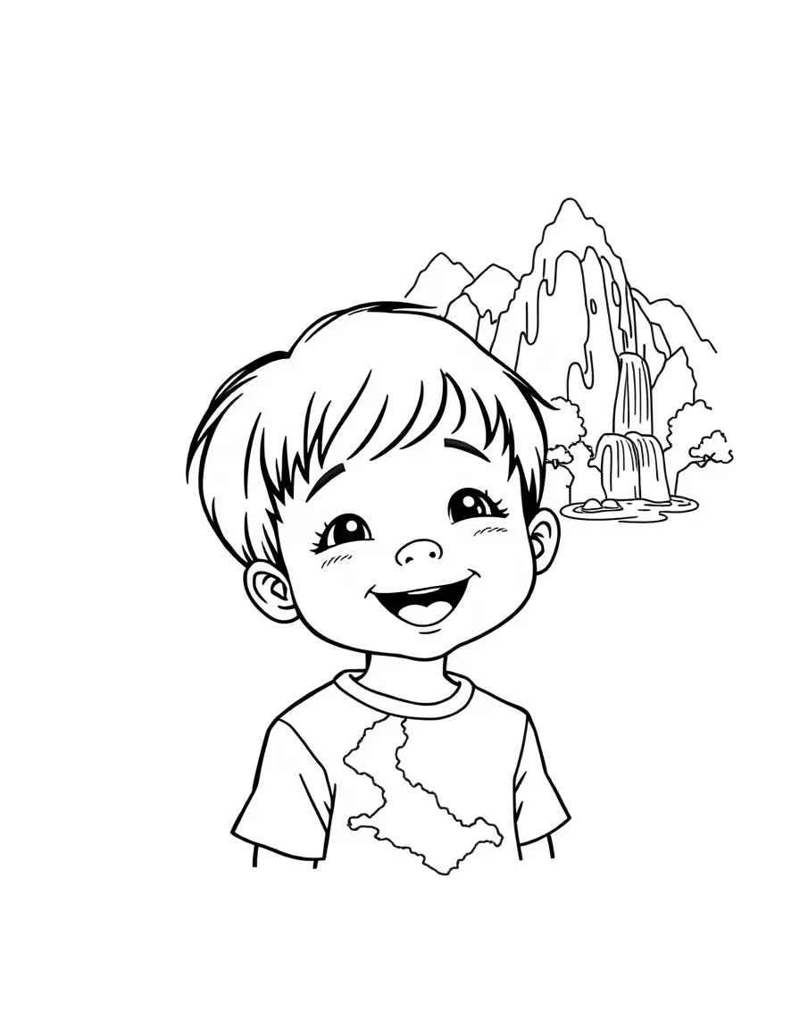 A happy child with a map of Laos and a waterfall.