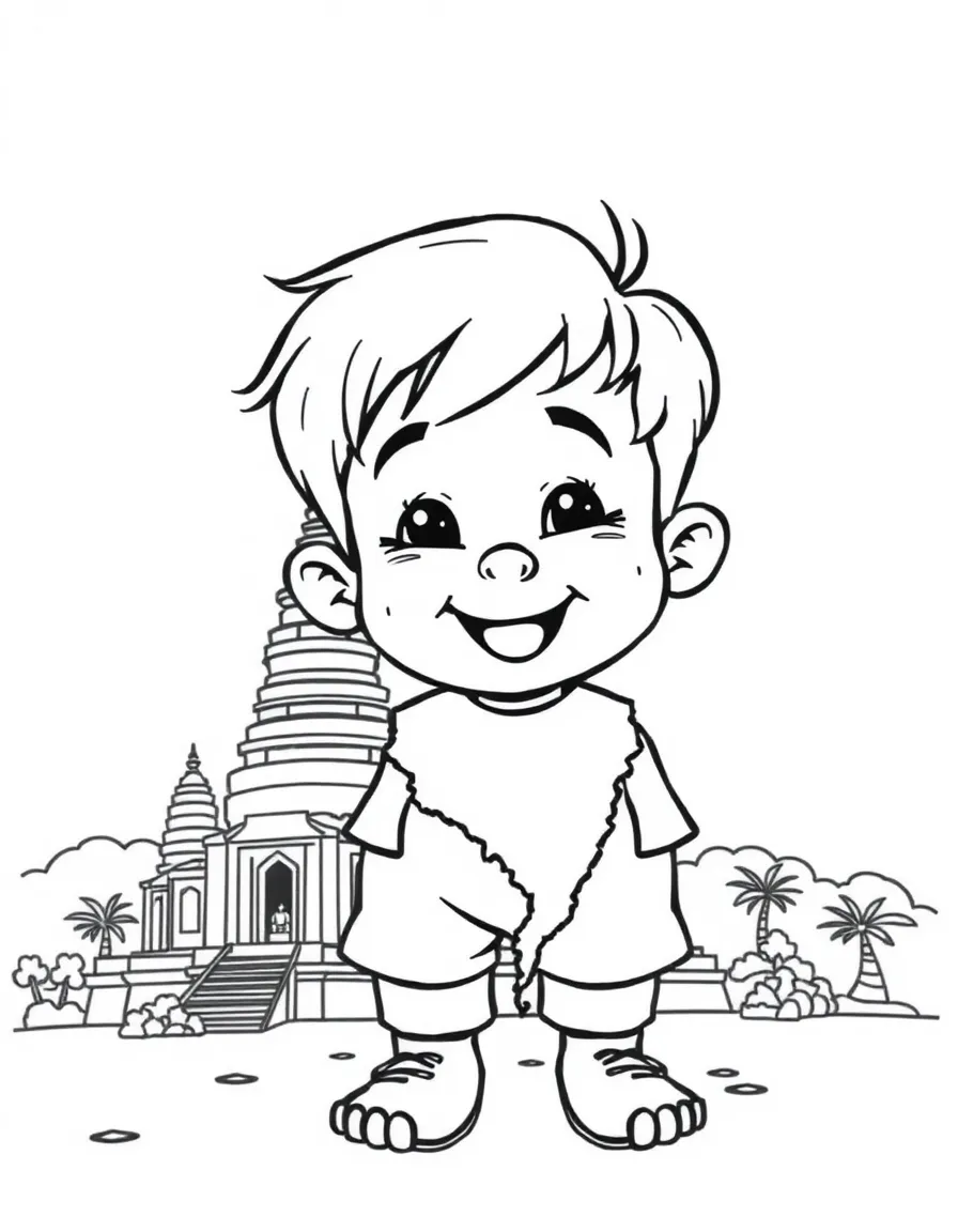 A cheerful child with a map of Cambodia and a stone temple.