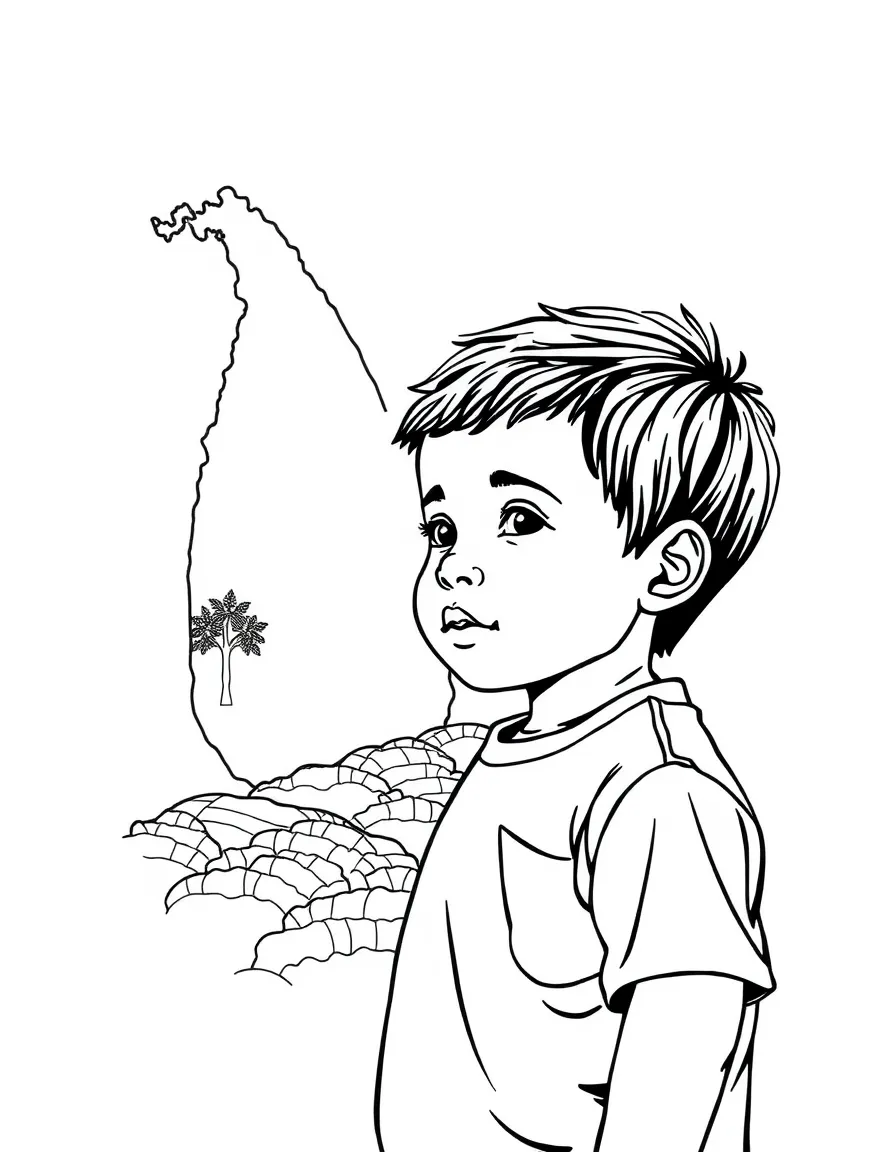 A child with a map of Sri Lanka and a tea plantation.