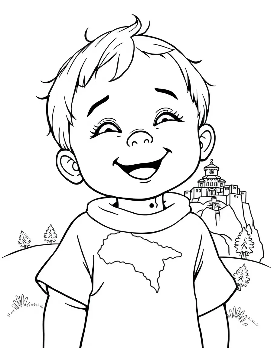 A happy child with a map of Bhutan and a fortress.