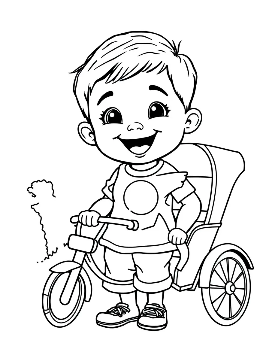 A cheerful child with a map of Bangladesh and a rickshaw.