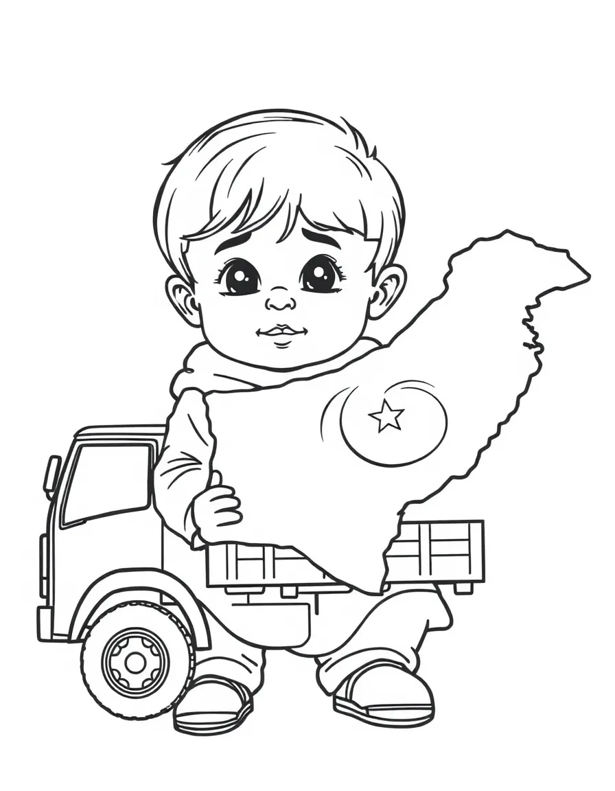 A child with a map of Pakistan and a truck art.