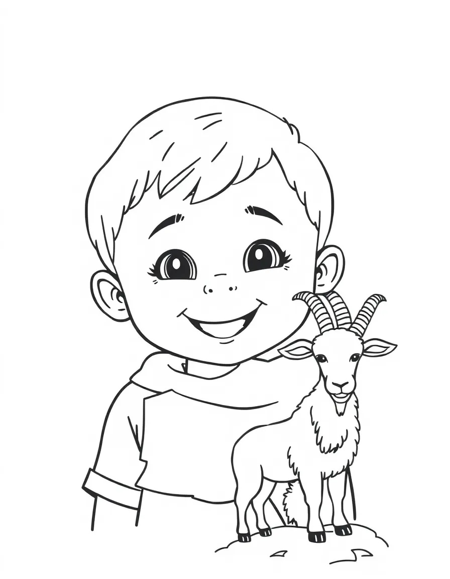 A smiling child with a map of Afghanistan and a mountain goat.