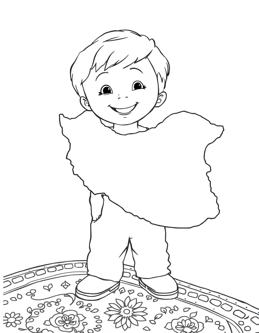 A happy child with a map of Iran and a Persian carpet.