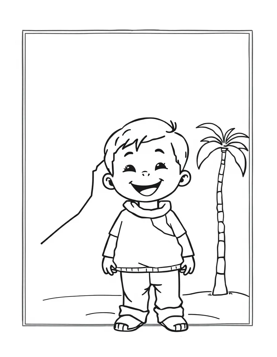 A cheerful child with a map of Iraq and a date palm tree.