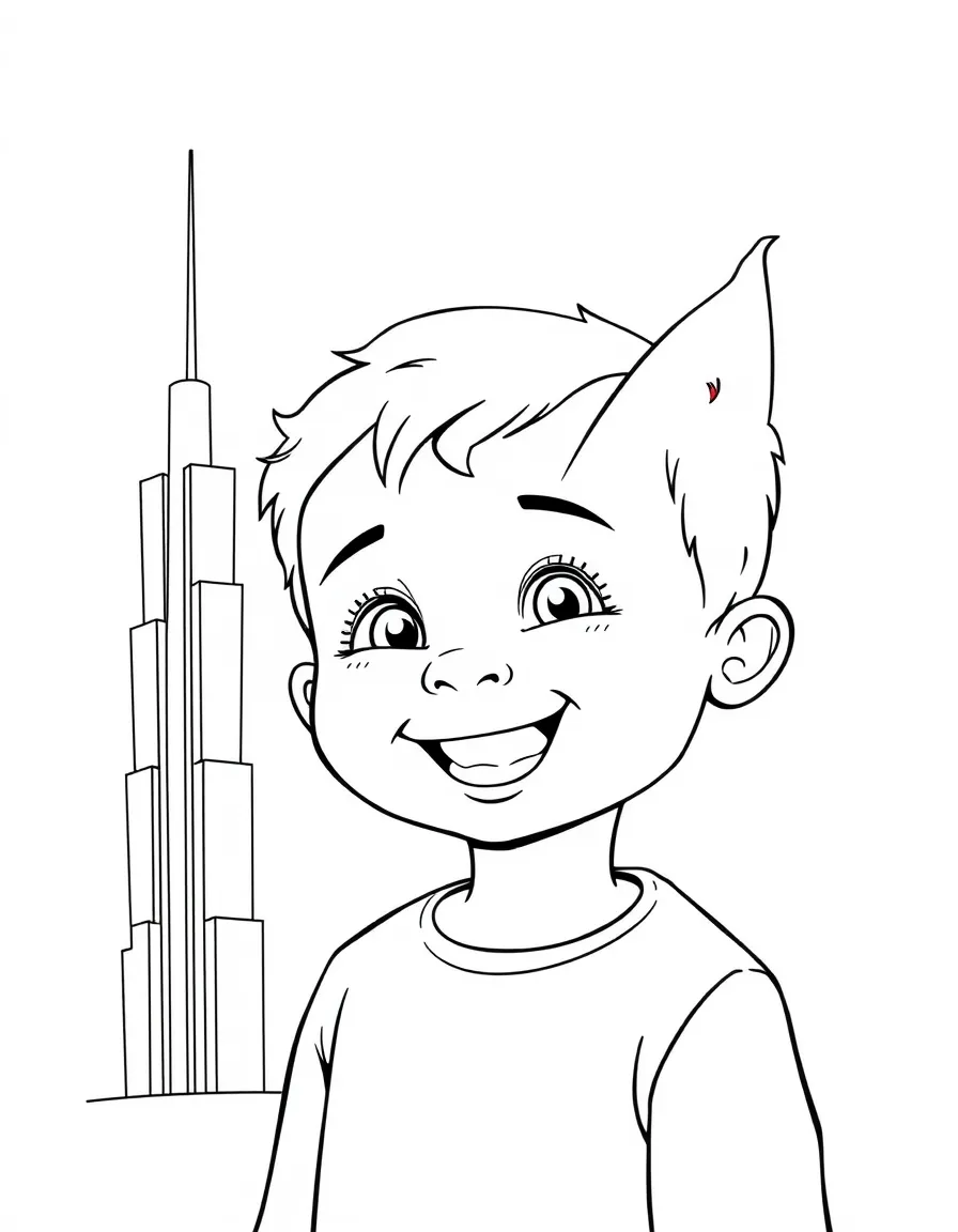 A smiling child with a map of United Arab Emirates and a skyscraper.