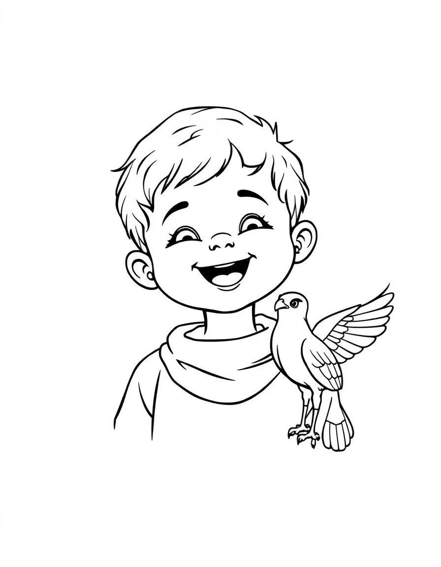 A happy child with a map of Qatar and a falcon.