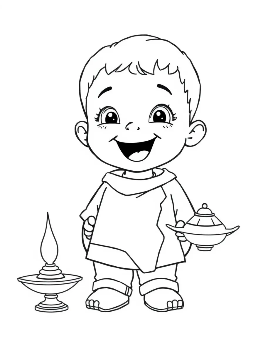 A cheerful child with a map of Kuwait and an oil lamp.