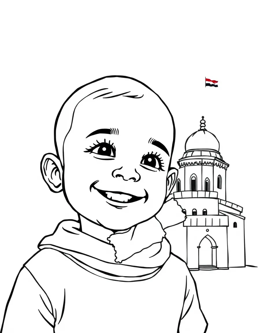 A smiling child with a map of Yemen and a traditional building.