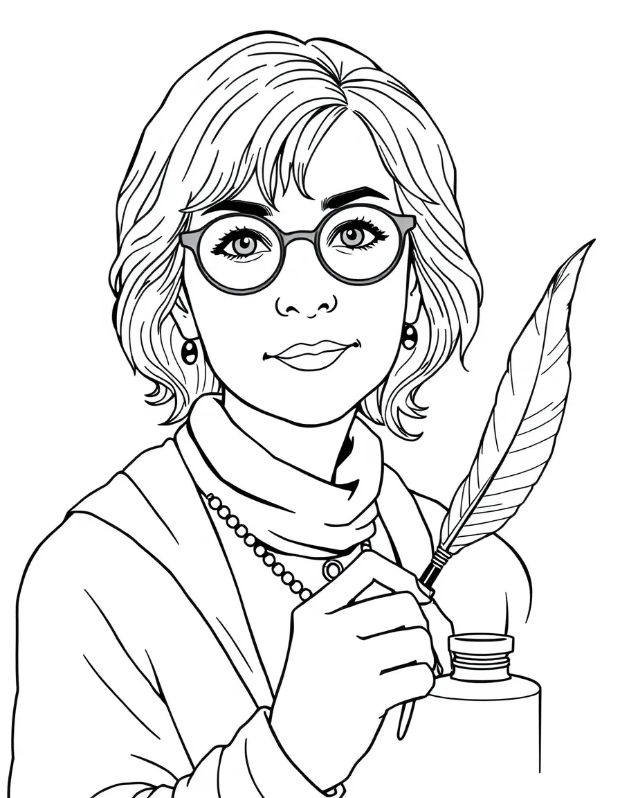 J.K. Rowling with a quill and ink