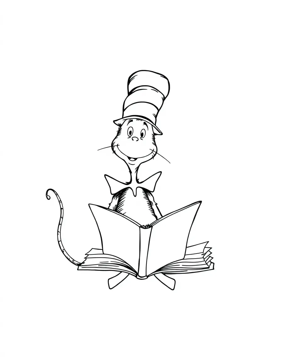 Dr. Seuss (classic drawing style) with a book