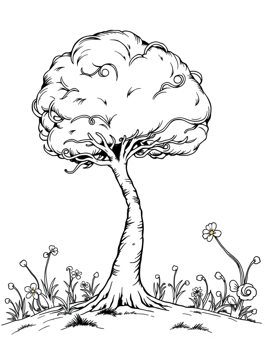 Dr. Seuss (classic drawing style) with a whimsical tree