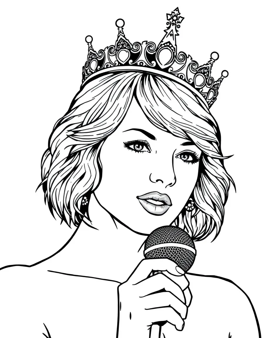 Taylor Swift with a microphone and a crown