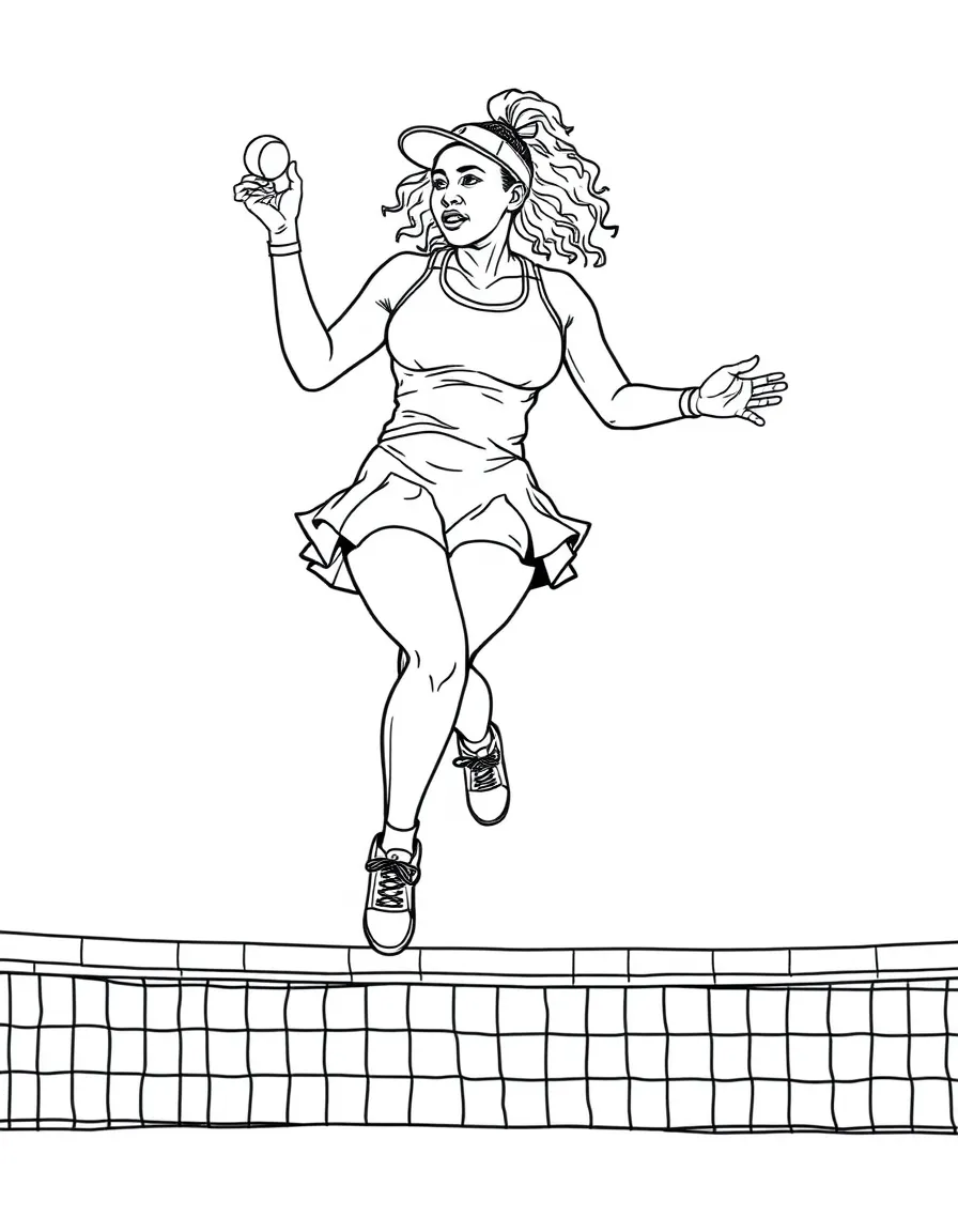 Serena Williams jumping over a tennis net