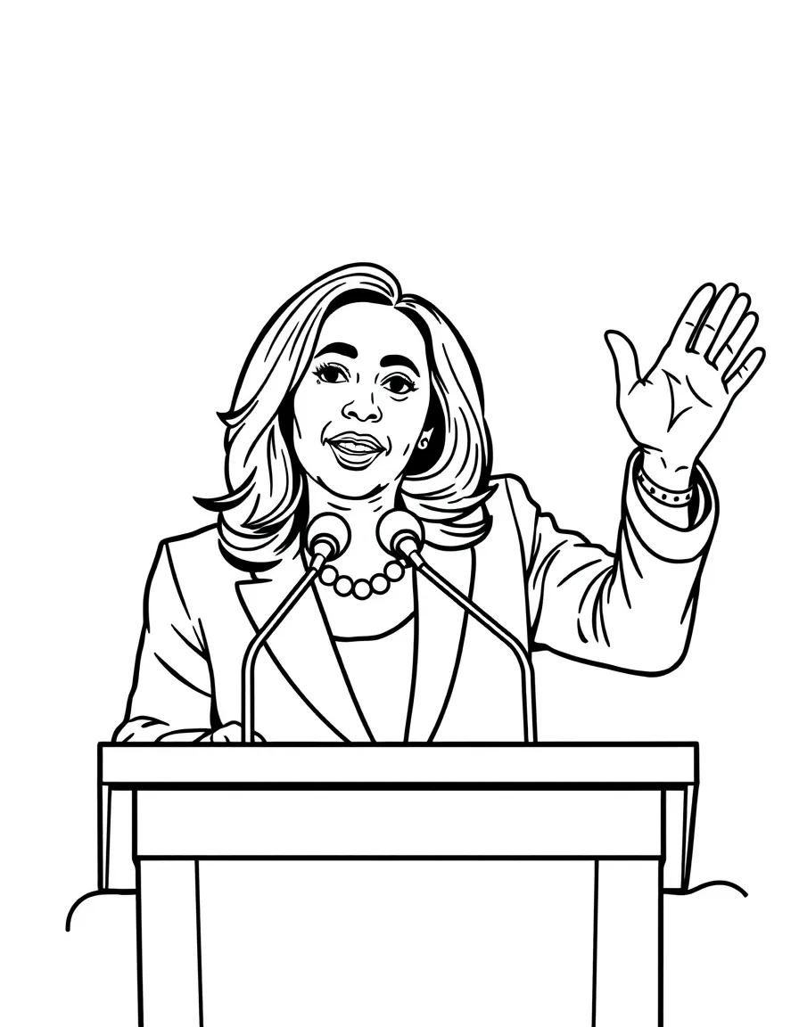 Kamala Harris waving from a podium