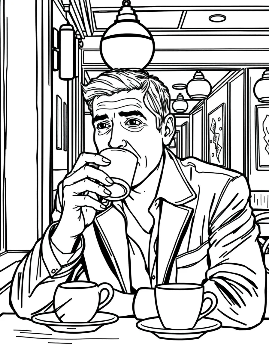 George Clooney sipping coffee in a cafe