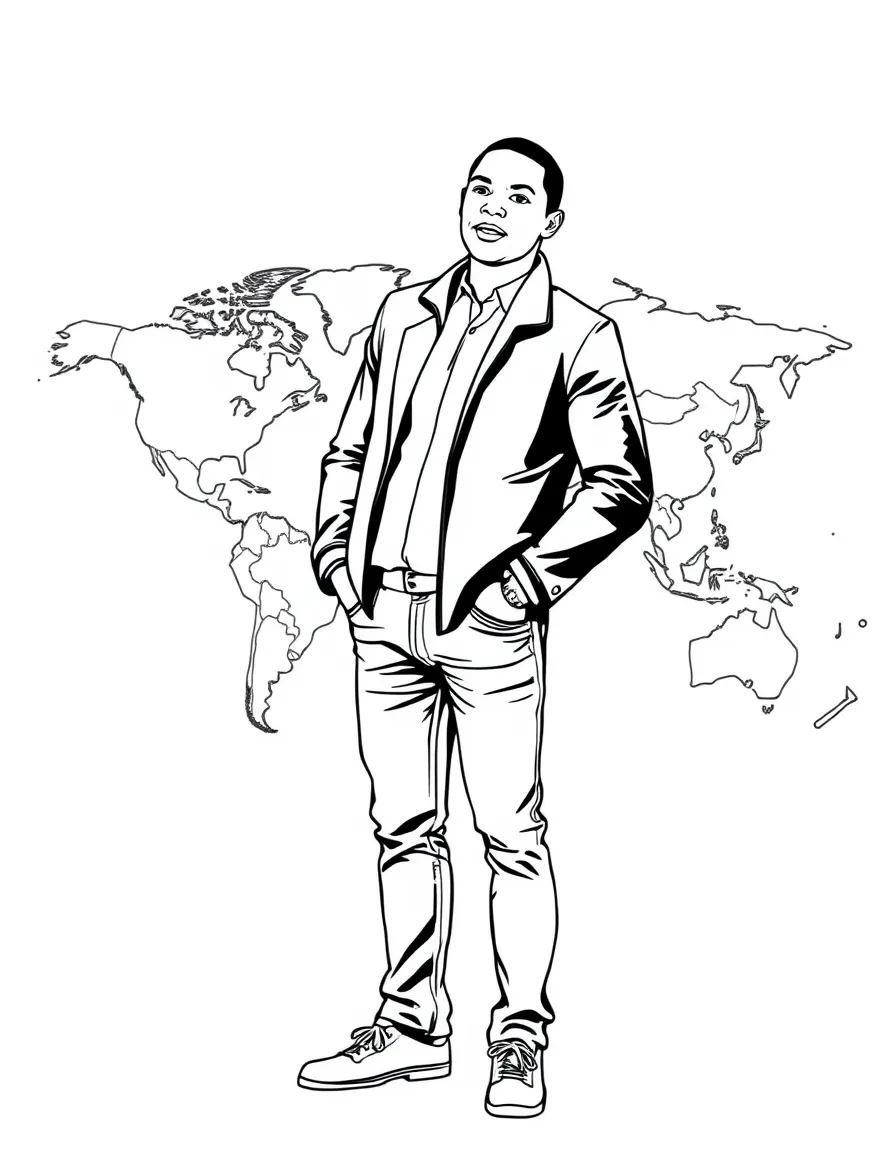 Trevor Noah standing in front of a world map