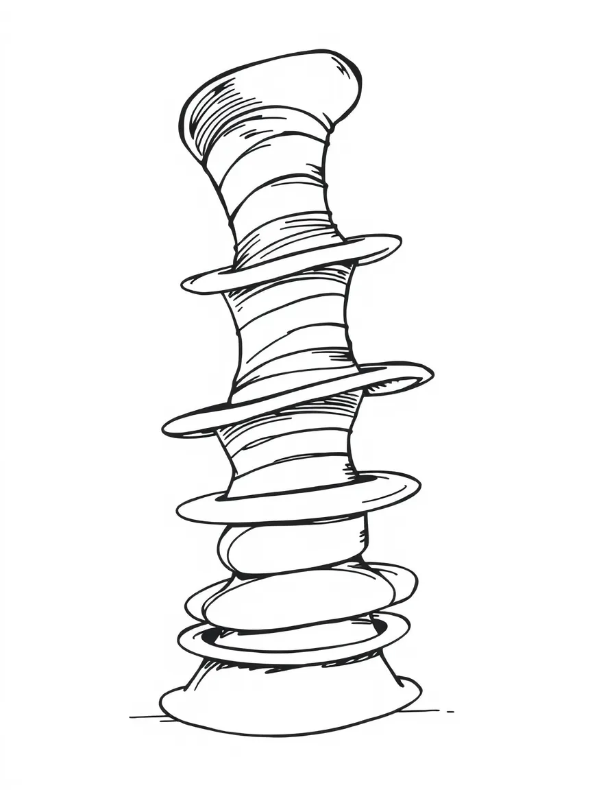 Dr. Seuss (classic drawing style) with a stack of funny hats
